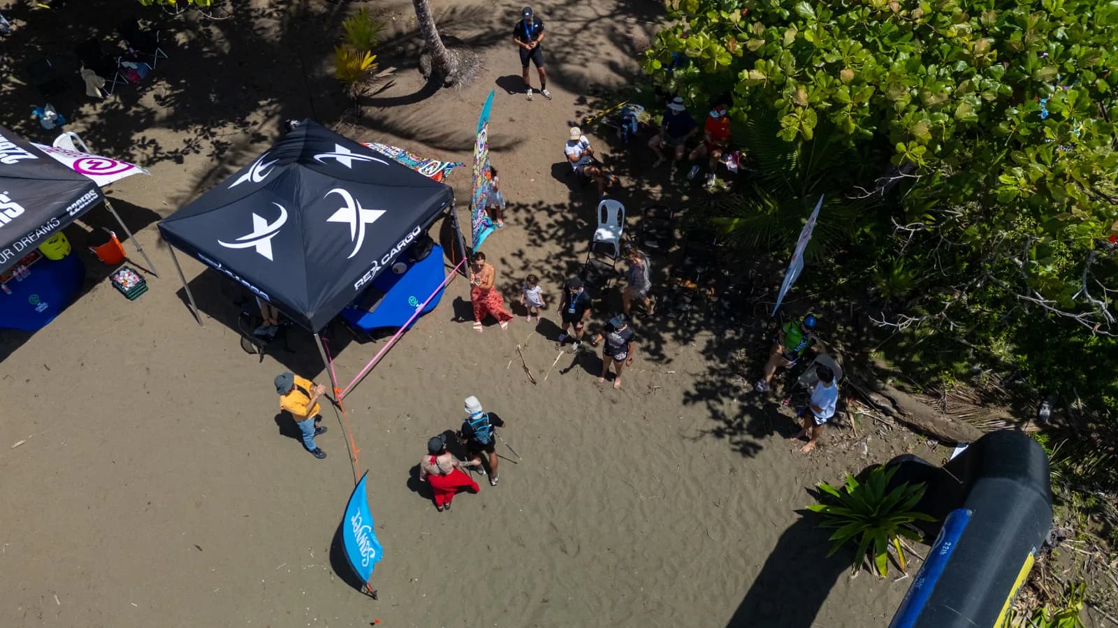 Rex Cargo aid-station tent on the beach, seen from the air